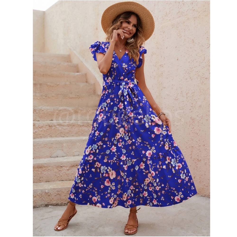 Floral Dress Surplice Overlapping V Neck Fit & Flare Maxi Long Blue Tie Belt - Picture 3 of 7